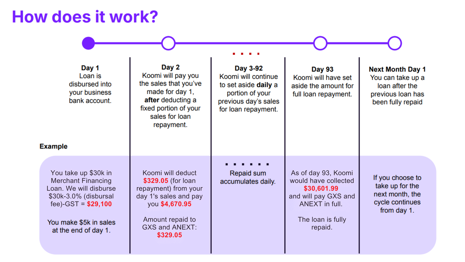 Day-by-day breakdown of a $30k KoomiX merchant financing loan repayment
